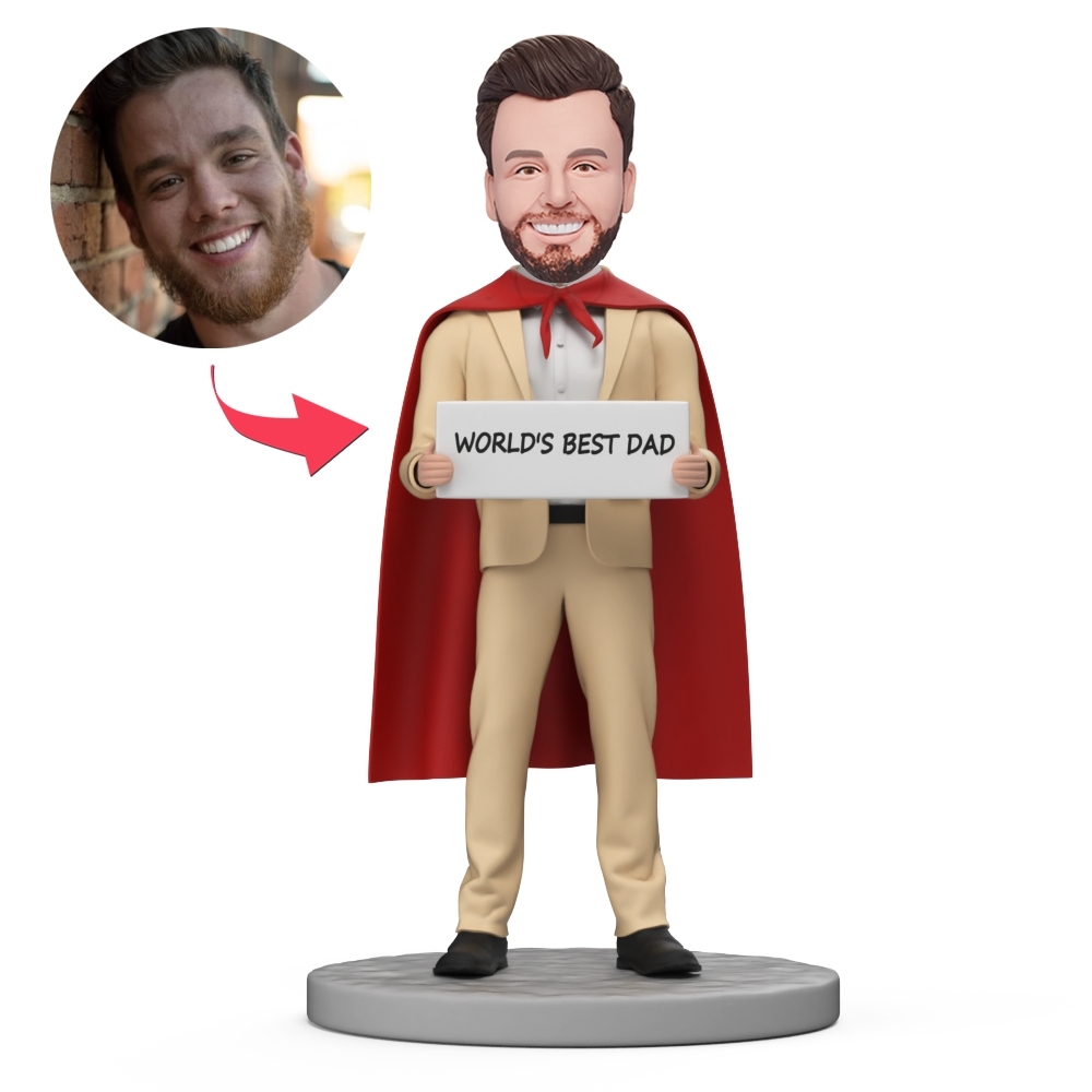 WORLD'S BEST DAD Wear Suit Red Cape Custom Bobblehead with Engraved Text - MyFaceBobbleheads