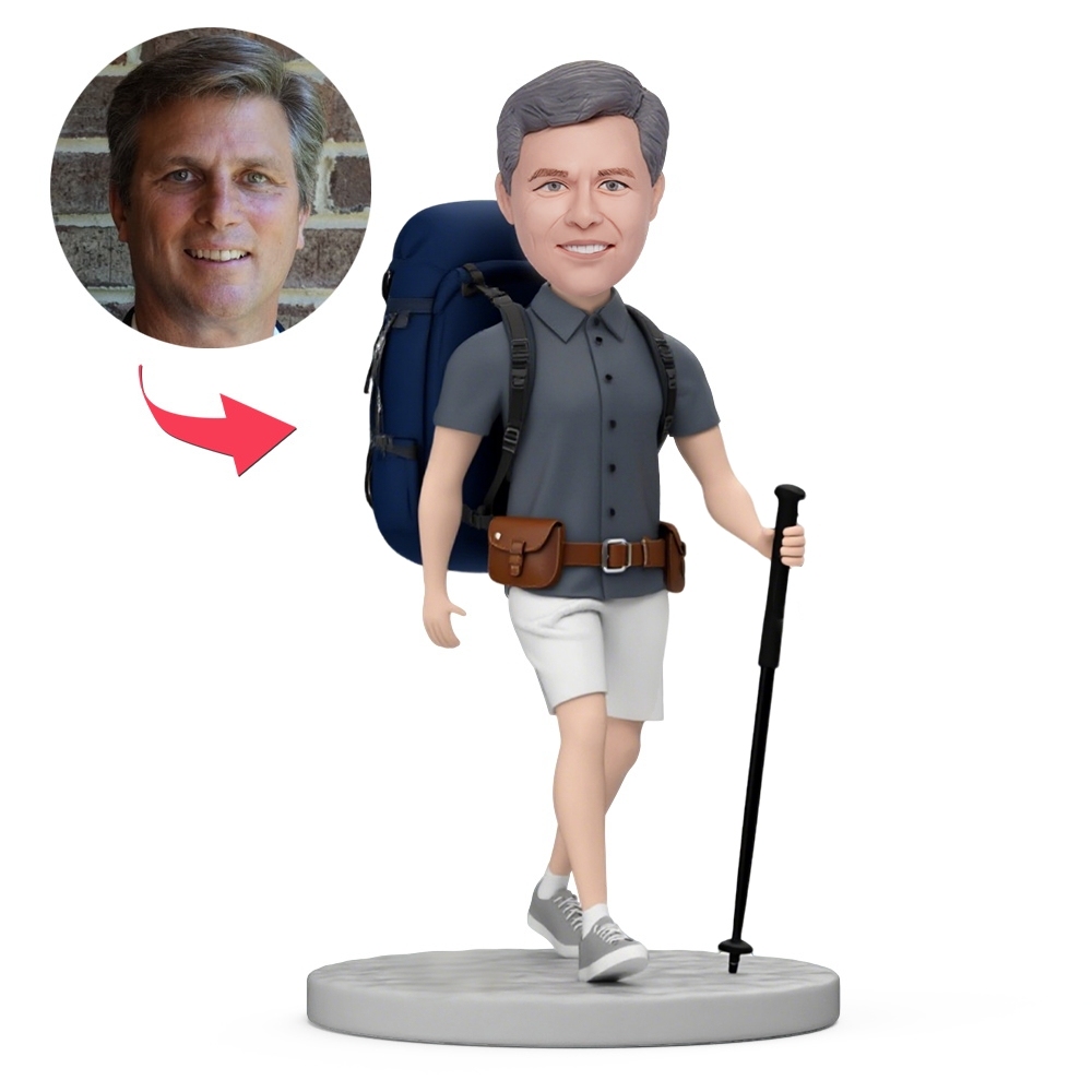 Man Climb Mountain with Mountaineer Backpack Custom Bobblehead with Engraved Text - MyFaceBobbleheads