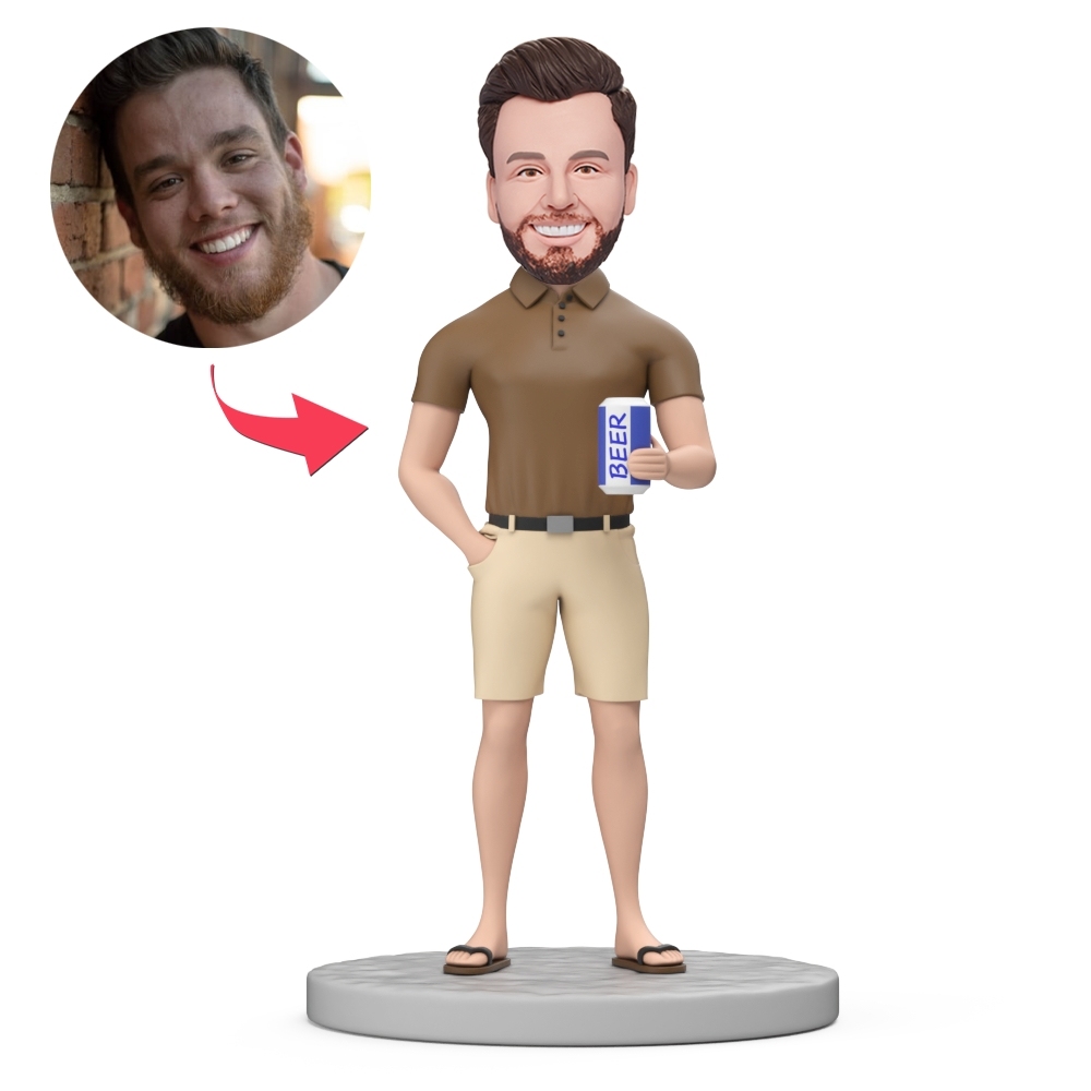 Khaki Short-Sleeved Man Hold Beer Custom Bobblehead with Engraved Text - MyFaceBobbleheads
