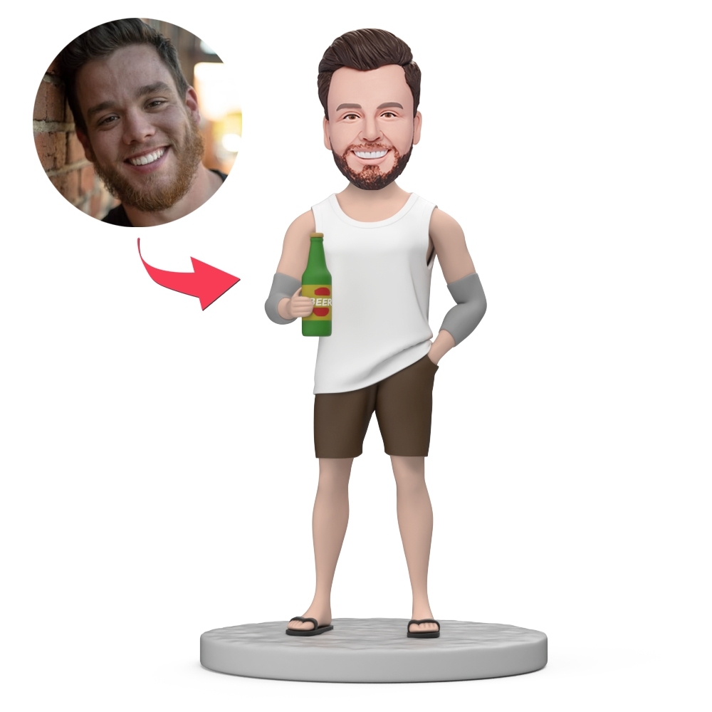 Father Wear White Vest Hold Bottle Of Beer Custom Bobblehead with Engraved Text - MyFaceBobbleheads
