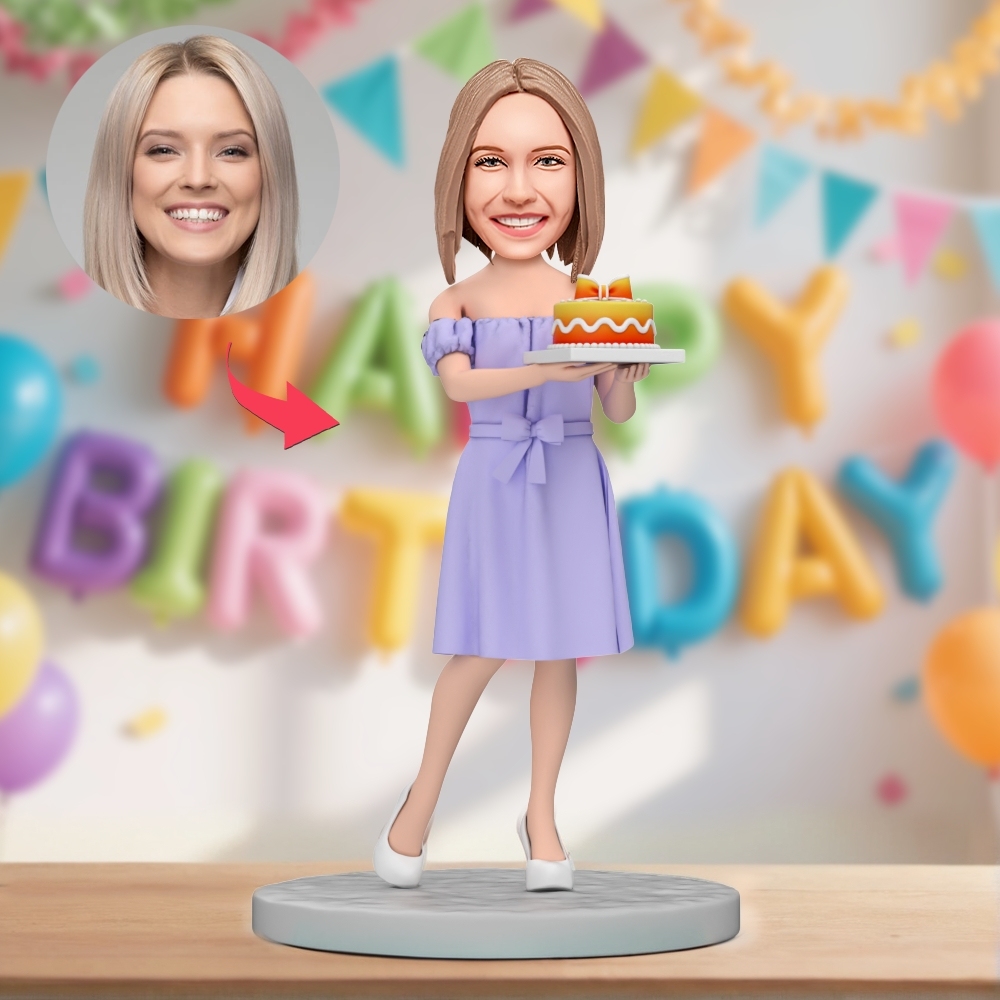 Happy Birthday Woman Hold Cake Custom Bobblehead with Engraved Text - MyFaceBobbleheads