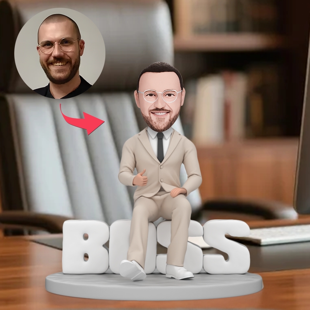 Domineering Male Boss Wear White Suit Custom Bobblehead with Engraved Text - MyFaceBobbleheads