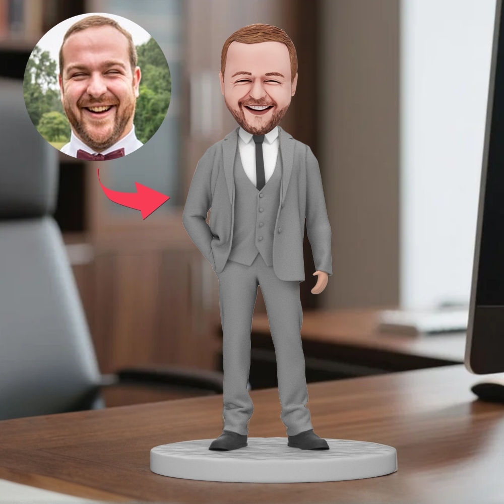 Male Boss Gray Suit Custom Bobblehead with Engraved Text - MyFaceBobbleheads