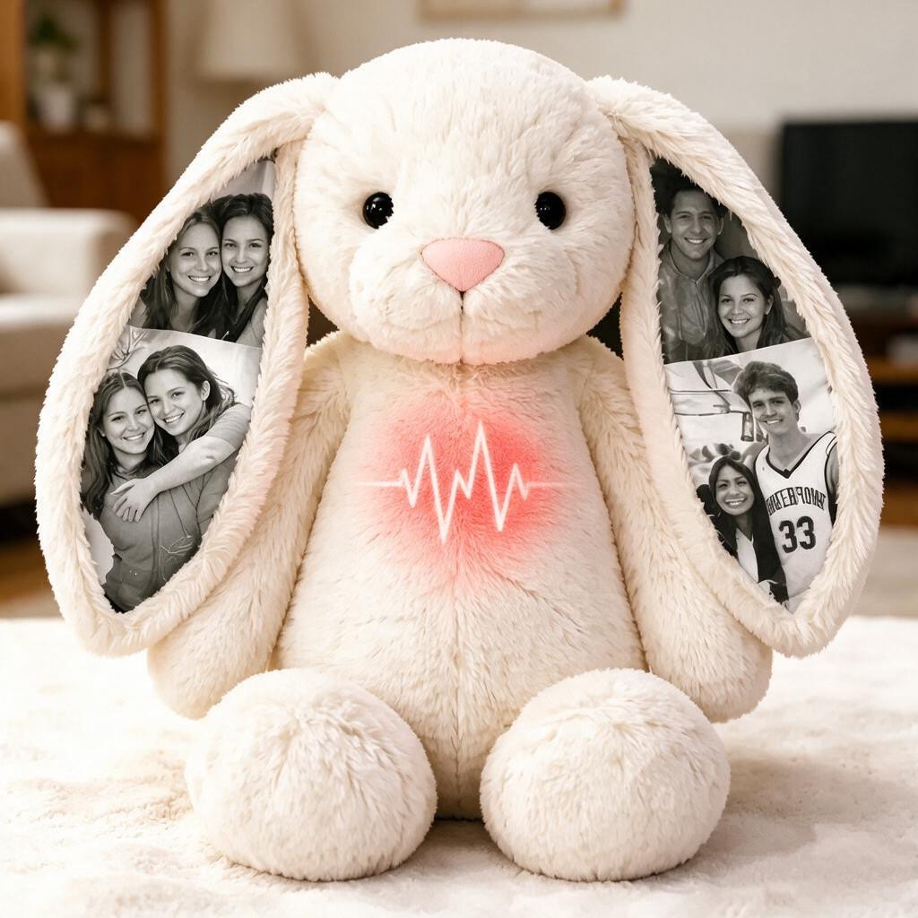 Custom Heartbeat Memory Bunny Plush – Custom Photo Bunny with Realistic Heartbeat Module, Comfort & Sleep Companion Gift for Couples - MyFaceBobbleheads