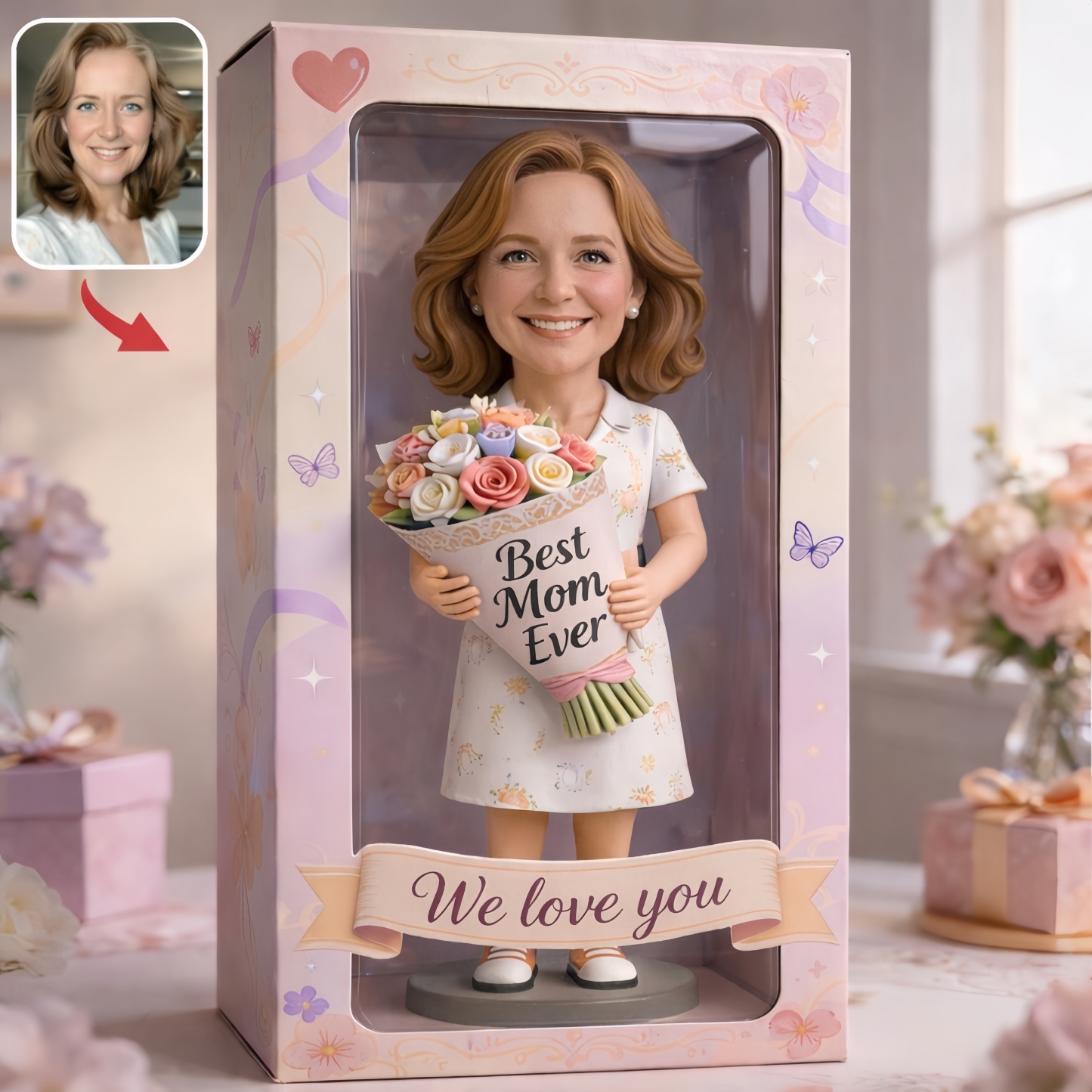 Fully Body Customizable 1 Person in Gift Box, Custom Mother’s Day Bobbleheads With Engraved Text, Mother's Day Gift