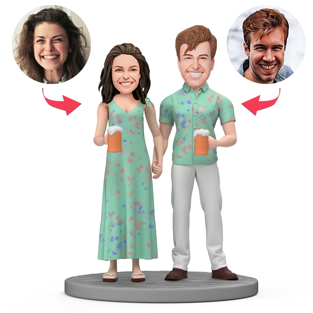 Couple Hold Beer in Hand Custom Bobblehead with Engraved Text