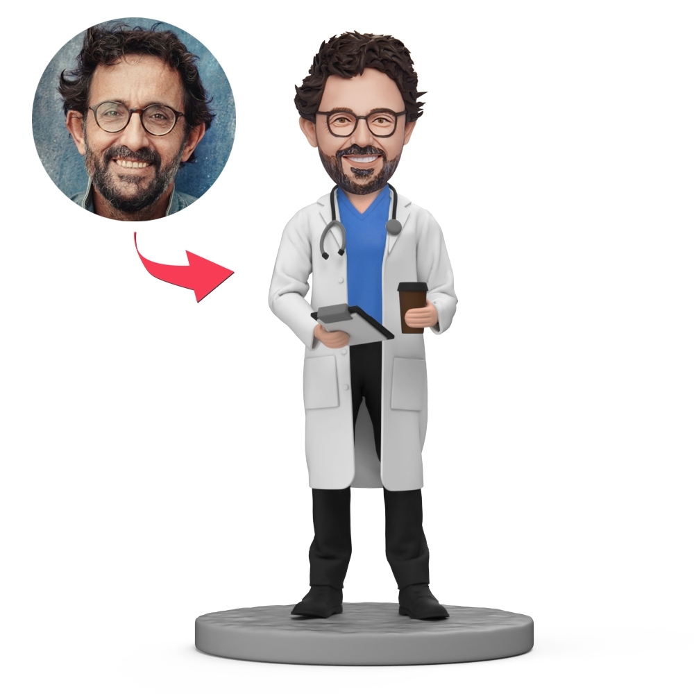 Male Doctor Hold Water Glass and Notebook Custom Bobblehead with Engraved Text