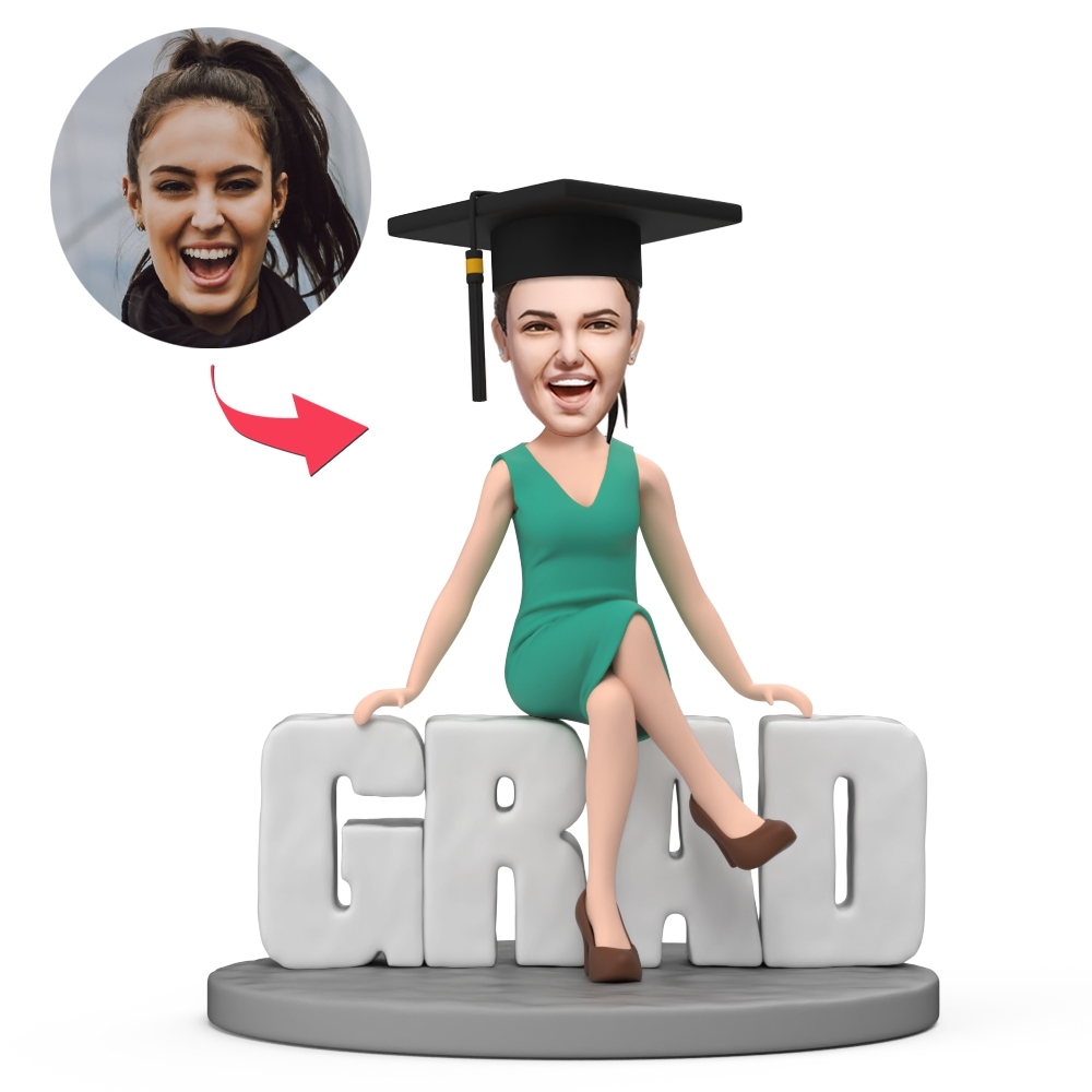 GRAD Lady in Green Dress Custom Bobblehead with Engraved Text - MyFaceBobbleheads