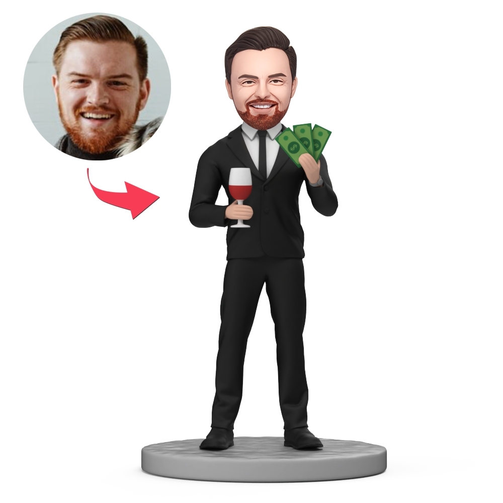 Dad in Suit Hold Red Wine Glass and Money Bobblehead with Engraved Text - MyFaceBobbleheads