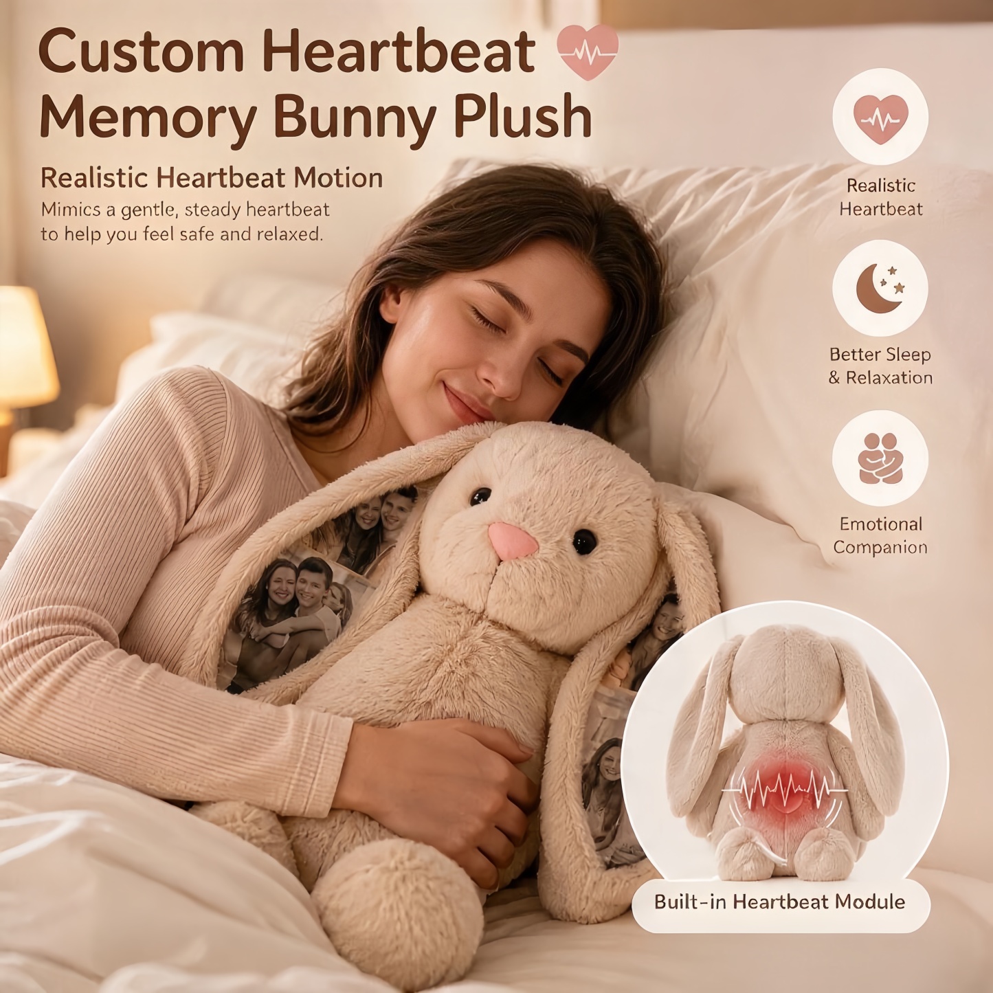 Custom Heartbeat Memory Bunny Plush – Custom Photo Bunny with Realistic Heartbeat Module, Comfort & Sleep Companion Gift for Couples - MyFaceBobbleheads