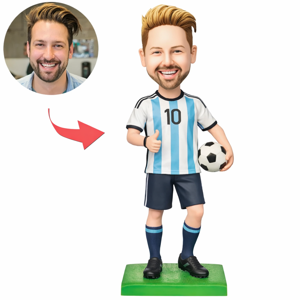 Personalized Argentina Style Soccer Bobblehead from Photo, Custom Bobblehead Engraved with Text