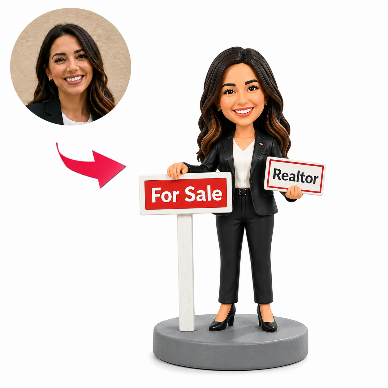 Custom Bobblehead Female Realtor Holding a For Sale Sign Gift For Woman Realtor