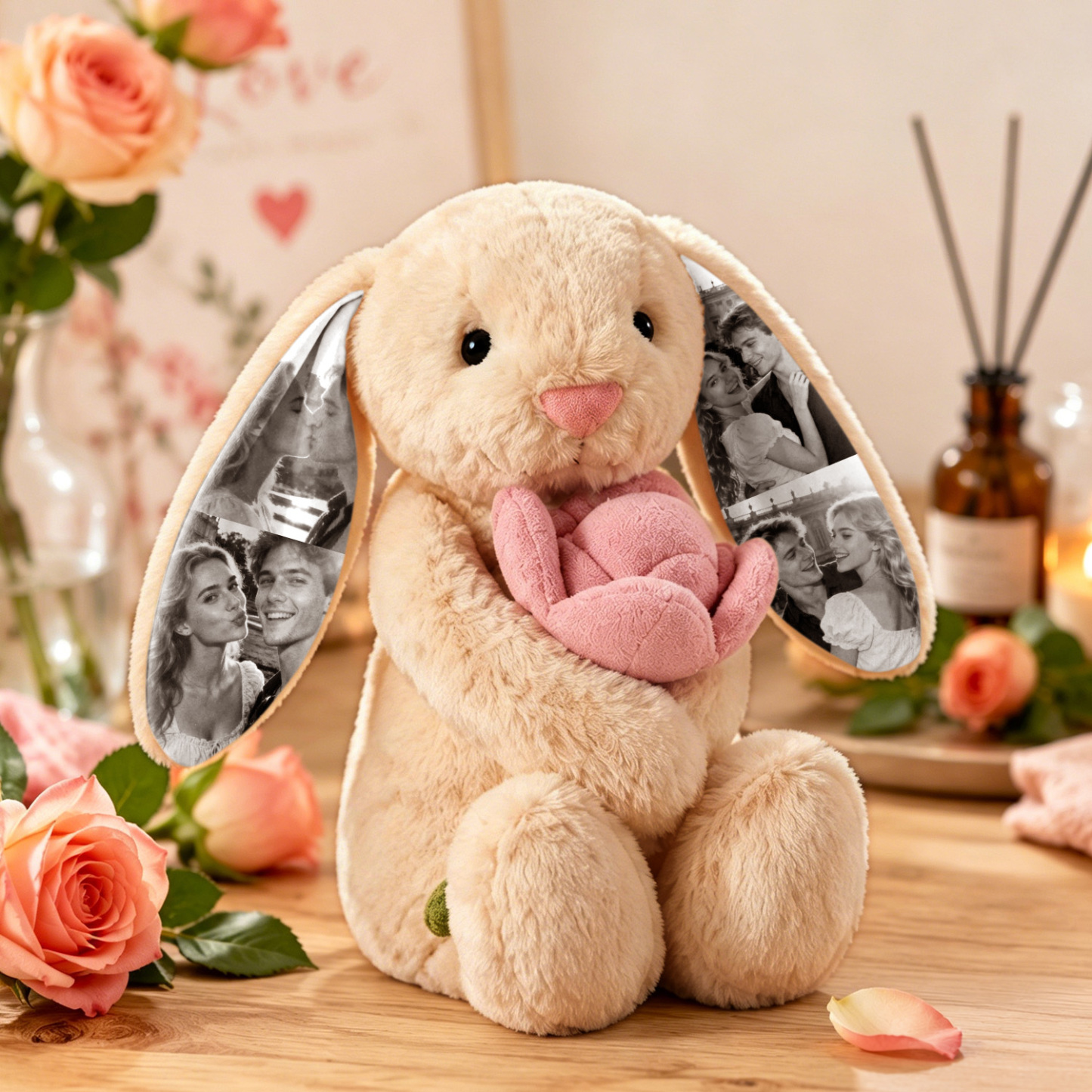 Custom Photo Carrot Bunny Plush Personalized Hidden Ear Picture Bunny Gift for Couples Anniversary Gifts - MyFaceBobbleheads