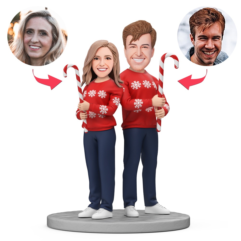 Custom Couple in Red Christmas Sweaters Holding Candy Canes Custom Bobblehead With Engraved Text Gift - MyFaceBobbleheads