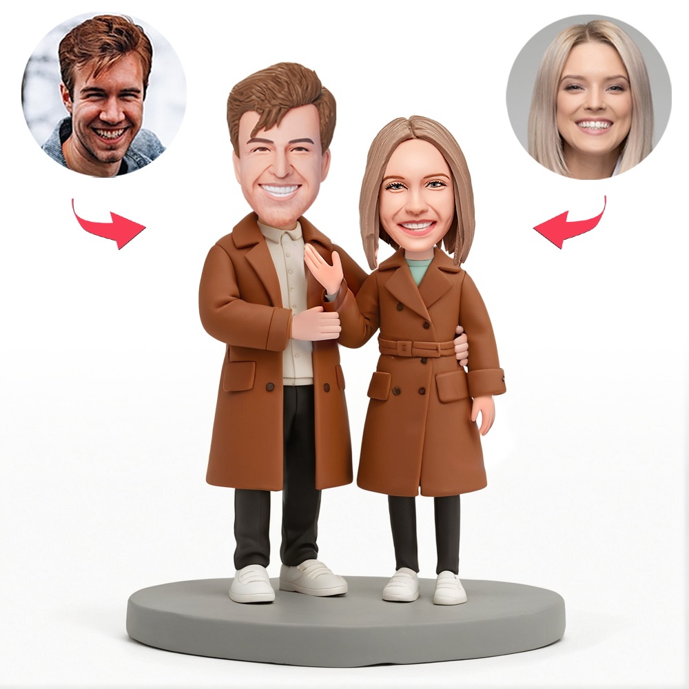Custom Couple Wearing Brown Trench Coats and Black Pants Custom Bobblehead With Engraved Text Gift for Valentine's Day - MyFaceBobbleheads