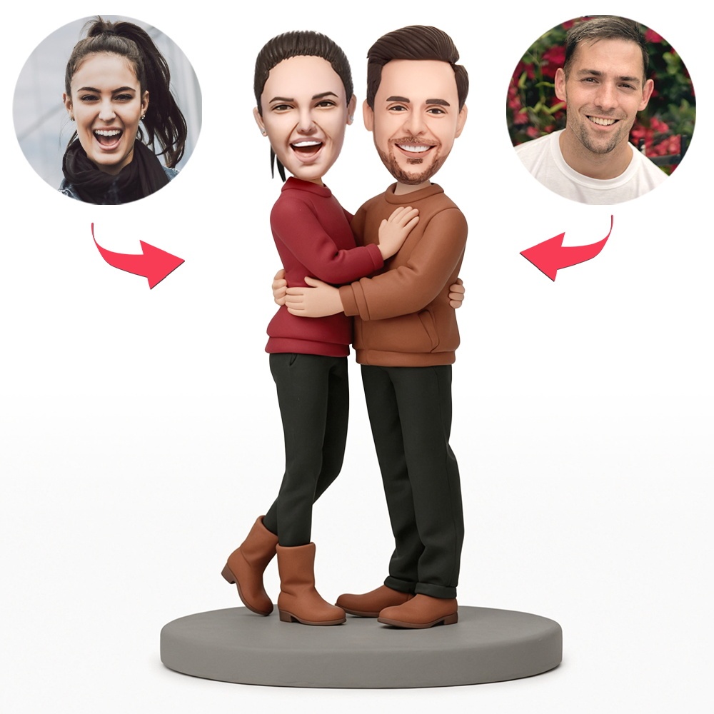 Custom Couple Embracing Wearing Brown and Red Tops Custom Bobblehead With Engraved Text Gift for Valentine's Day - MyFaceBobbleheads