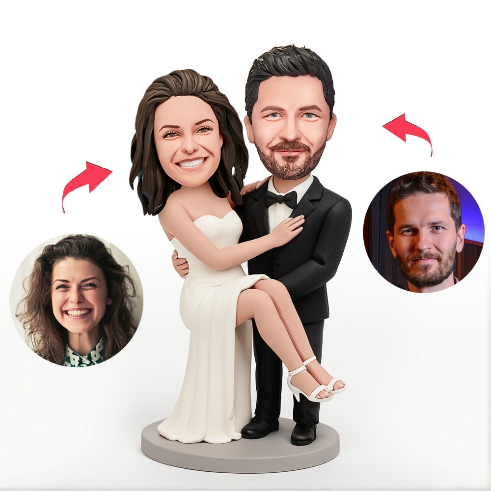 Custom Couple Man in Suit Carrying a Woman in a White Dress in His Arms Custom Bobblehead With Engraved Text Gift for Valentine's Day - MyFaceBobbleheads