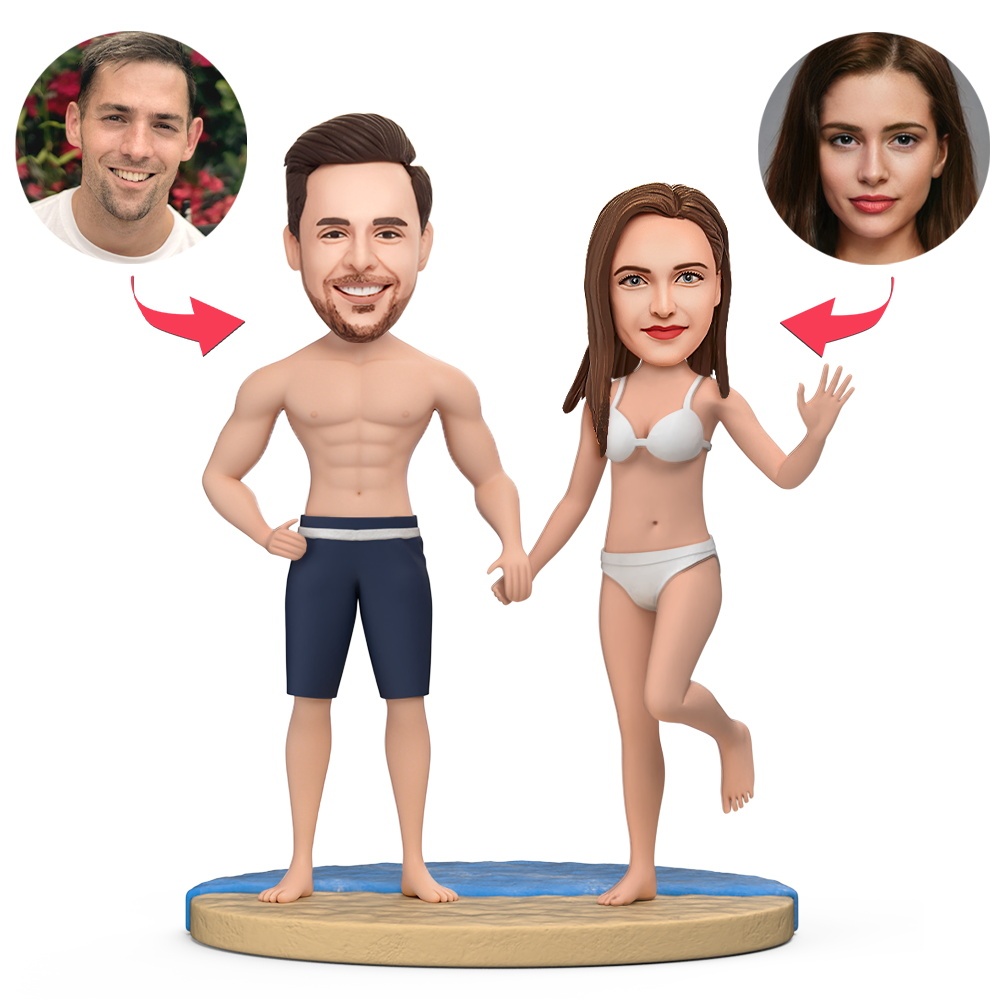 Custom Couple on the Beach Wearing Bikini Custom Bobblehead With Engraved Text Gift for Valentine's Day - MyFaceBobbleheads