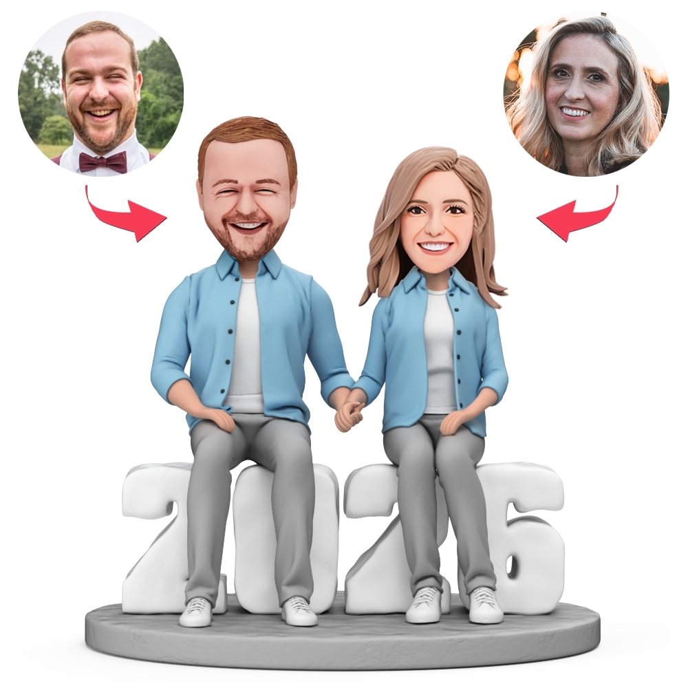 Valentine's Day Gifts Couple Blue Outfit Sitting on 2026 Couple Custom Bobblehead With Engraved Text Valentine's Day Gift - MyFaceBobbleheads