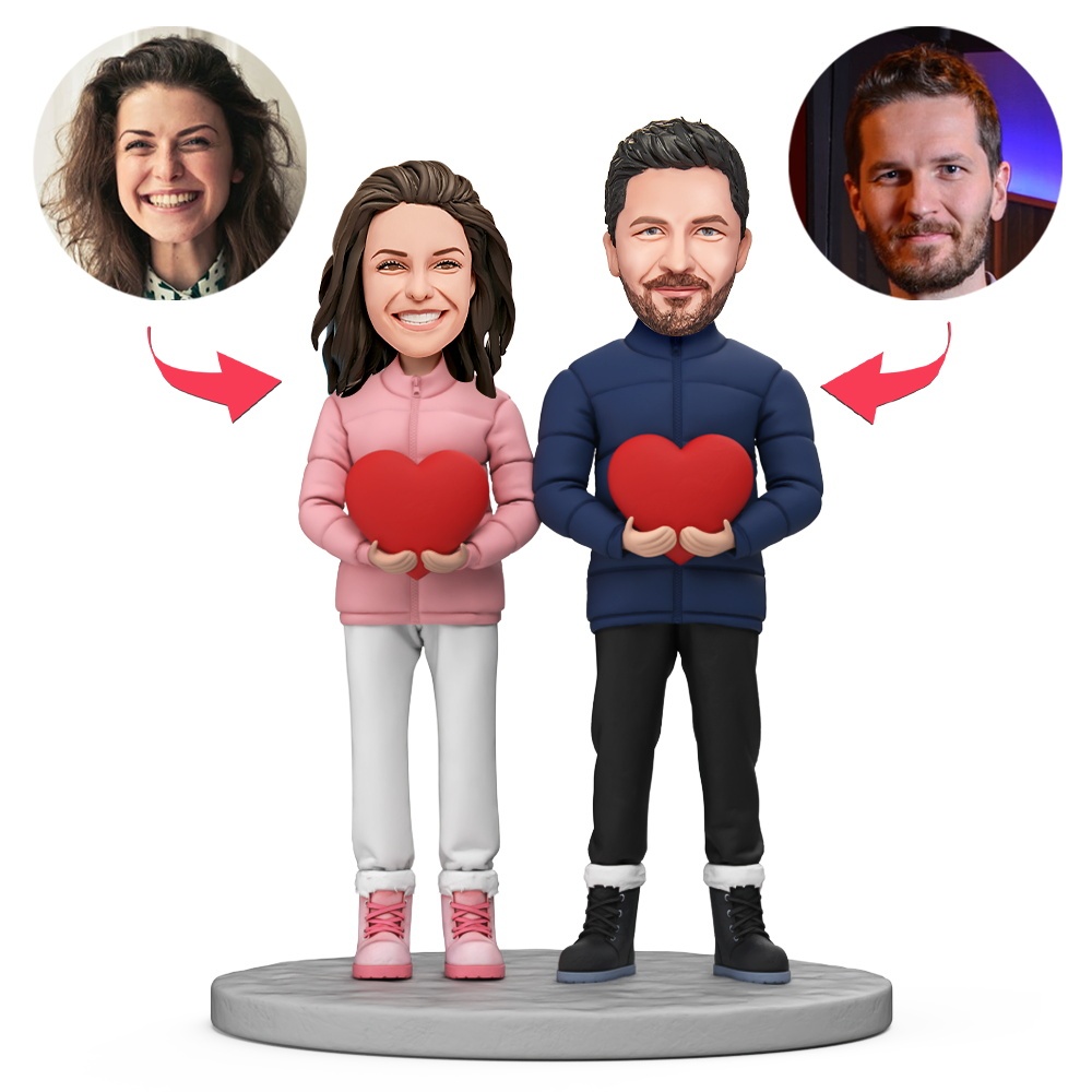 Custom Couple in Down Jackets Holding Hearts Custom Bobblehead With Engraved Text Gift for Valentine's Day
