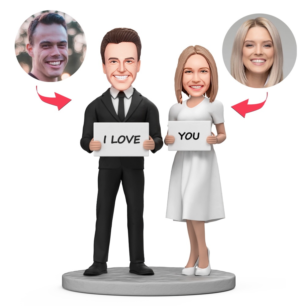 Couple Holding I Love You Signs Custom Bobblehead With Engraved Text Gift for Valentine's Day