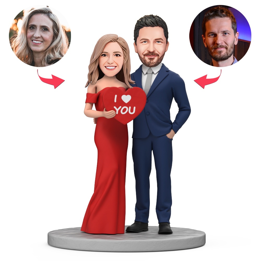 Couple Holding Red Hearts With Messages Of Love Custom Bobblehead With Engraved Text Gift for Valentine's Day