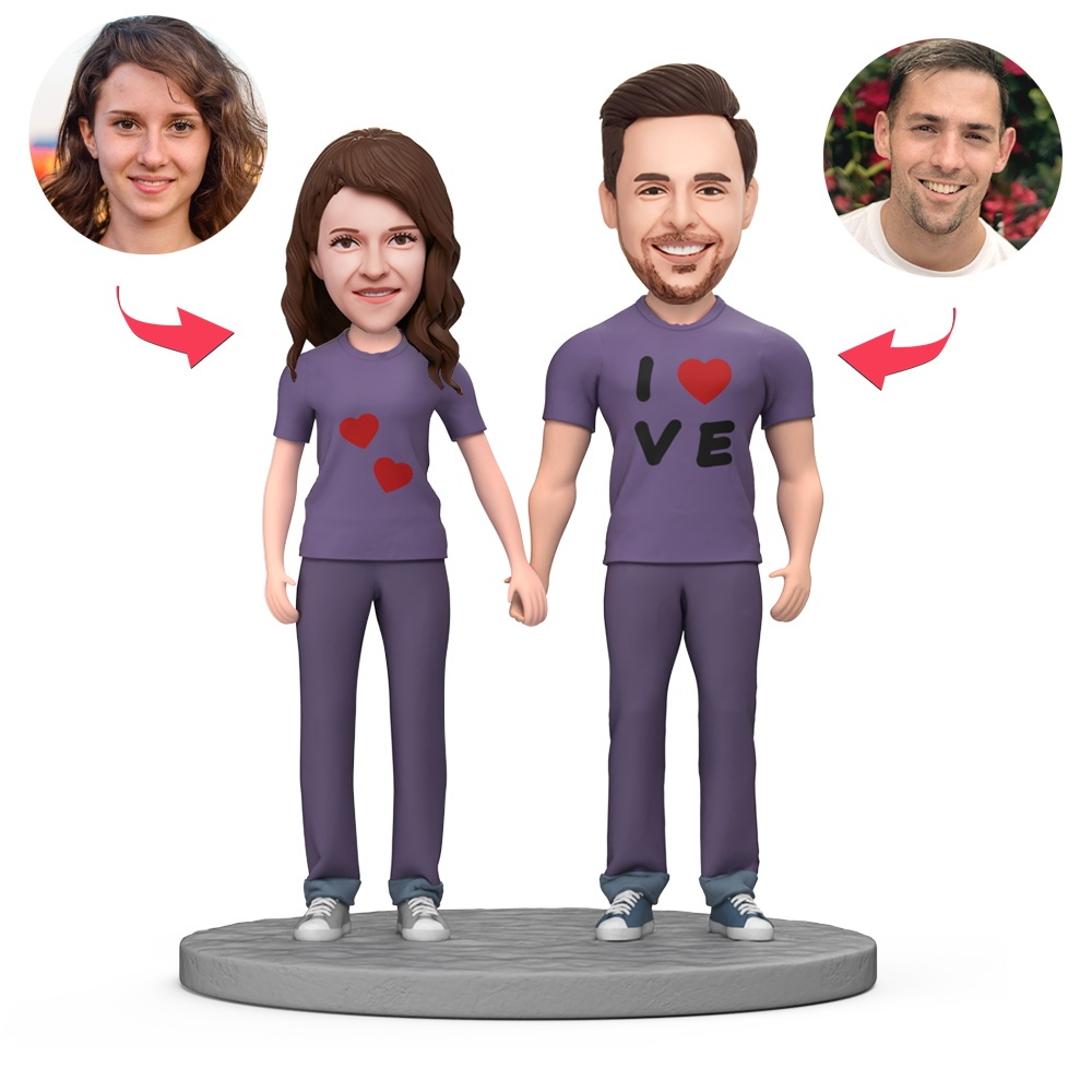 Couple in Purple Outfits Custom Bobblehead With Engraved Text Gift for Valentine's Day