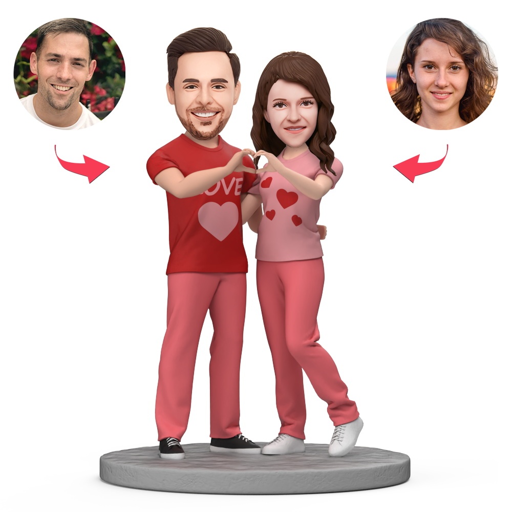 Couples Wearing Matching Shirts Custom Bobblehead With Engraved Text Gift for Valentine's Day