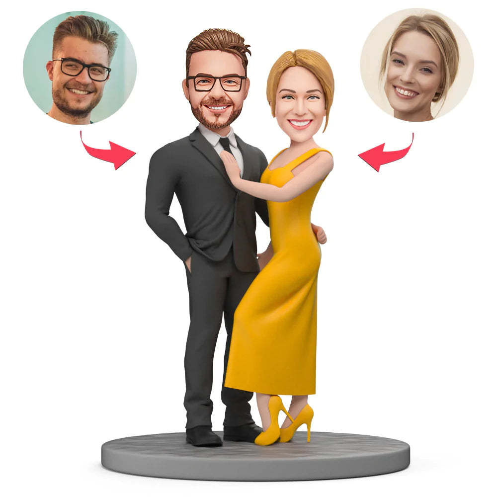 Valentine's Day Black Suit and Yellow Dress Valentines Custom Bobblehead with Engraved Text