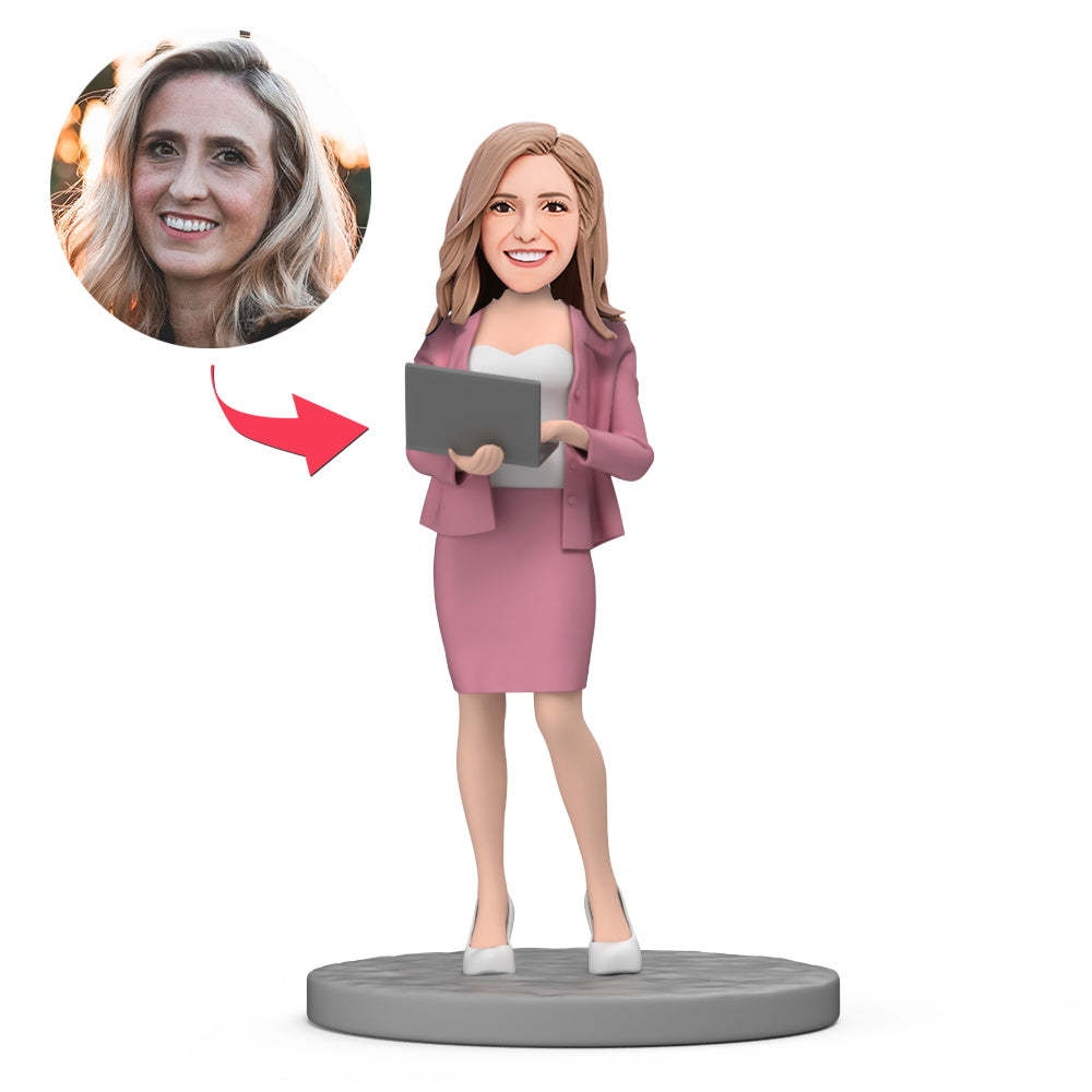 Lady Wear Pink Suit and Hold Computer Custom Bobblehead with Engraved Text -