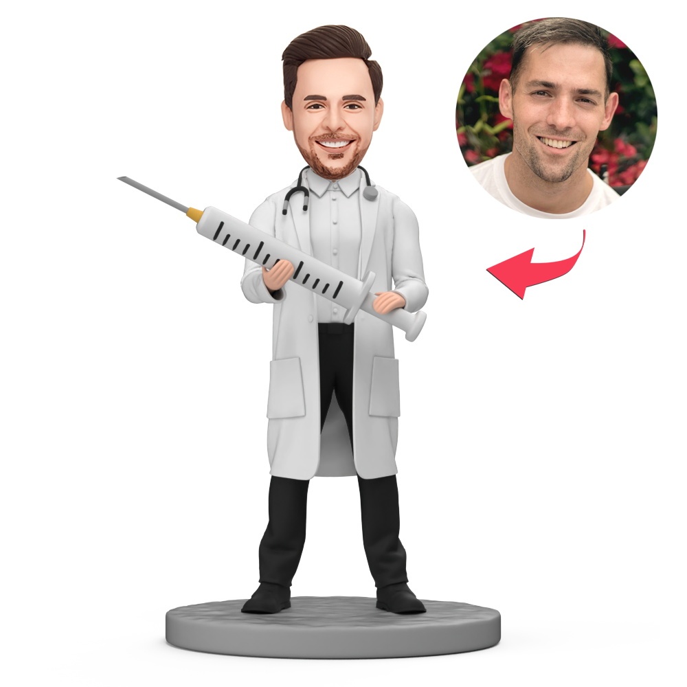 Male Doctor Hold Syringe in Hand Custom Bobblehead with Engraved Text - MyFaceBobbleheads