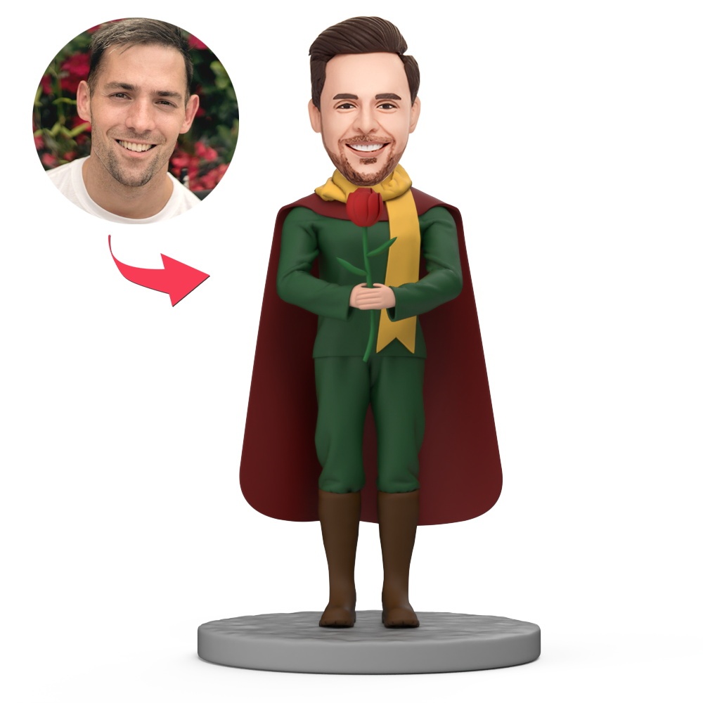 Male Gentleman Holding a Rose Custom Bobblehead with Engraved Text - MyFaceBobbleheads