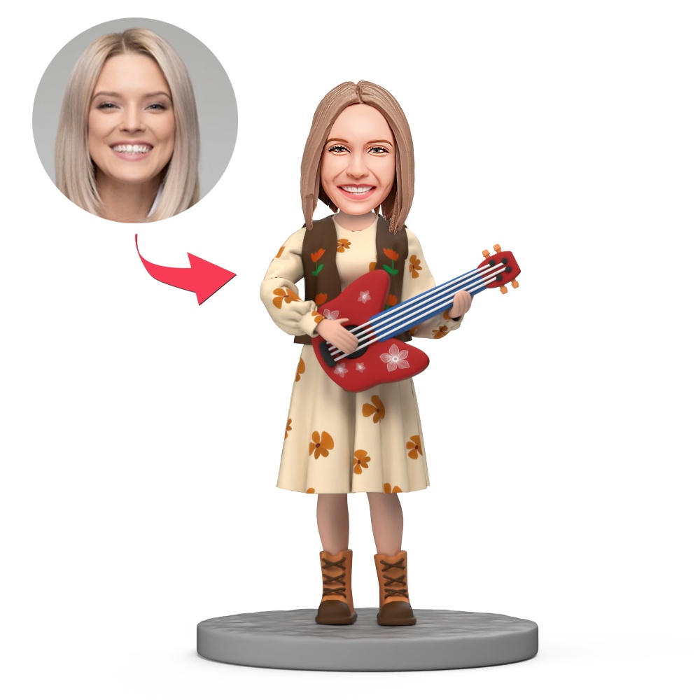 Lady Wearing a Floral Dress Holding a Guitar Custom Bobblehead with Engraved Text - MyFaceBobbleheads