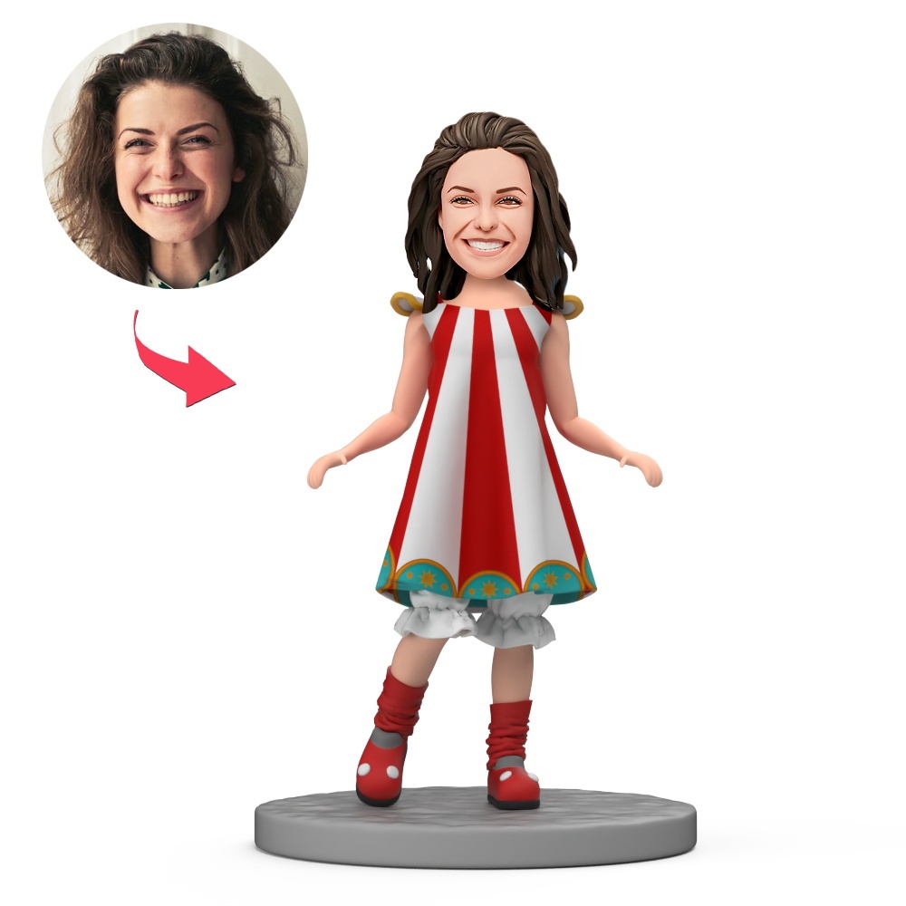 Lady Wearing a Red and White Striped Dress Custom Bobblehead with Engraved Text - MyFaceBobbleheads