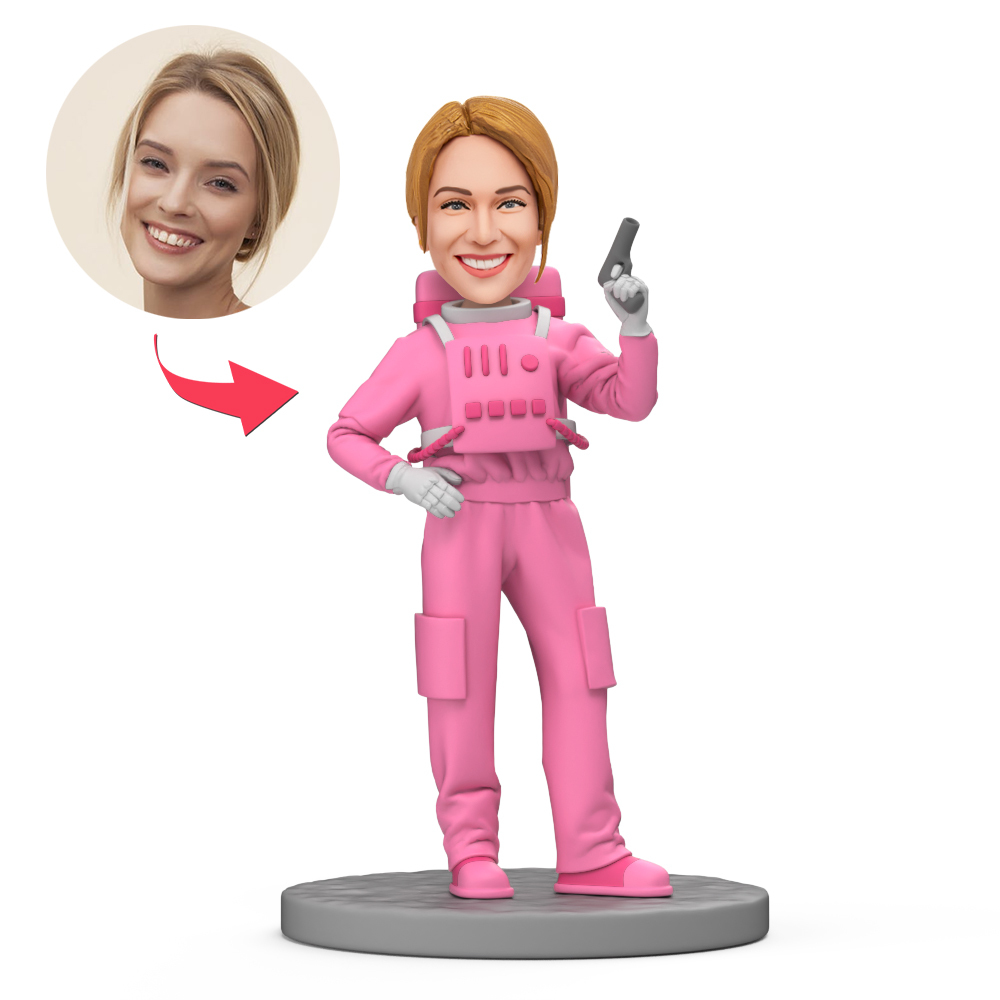 Female Astronaut Holding a Gun Custom Bobblehead with Engraved Text - MyFaceBobbleheads