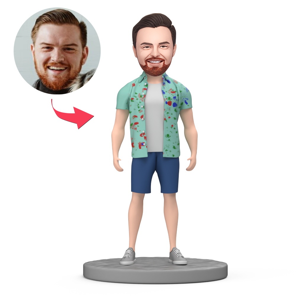 Man Wear Green Hawaiian Shirt Custom Bobblehead with Engraved Text - MyFaceBobbleheads