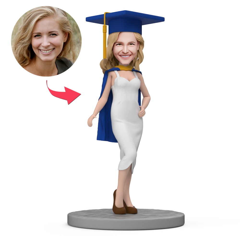 White Graduation Dress and Blue Graduation Cap Custom Bobblehead with Engraved Text - MyFaceBobbleheads