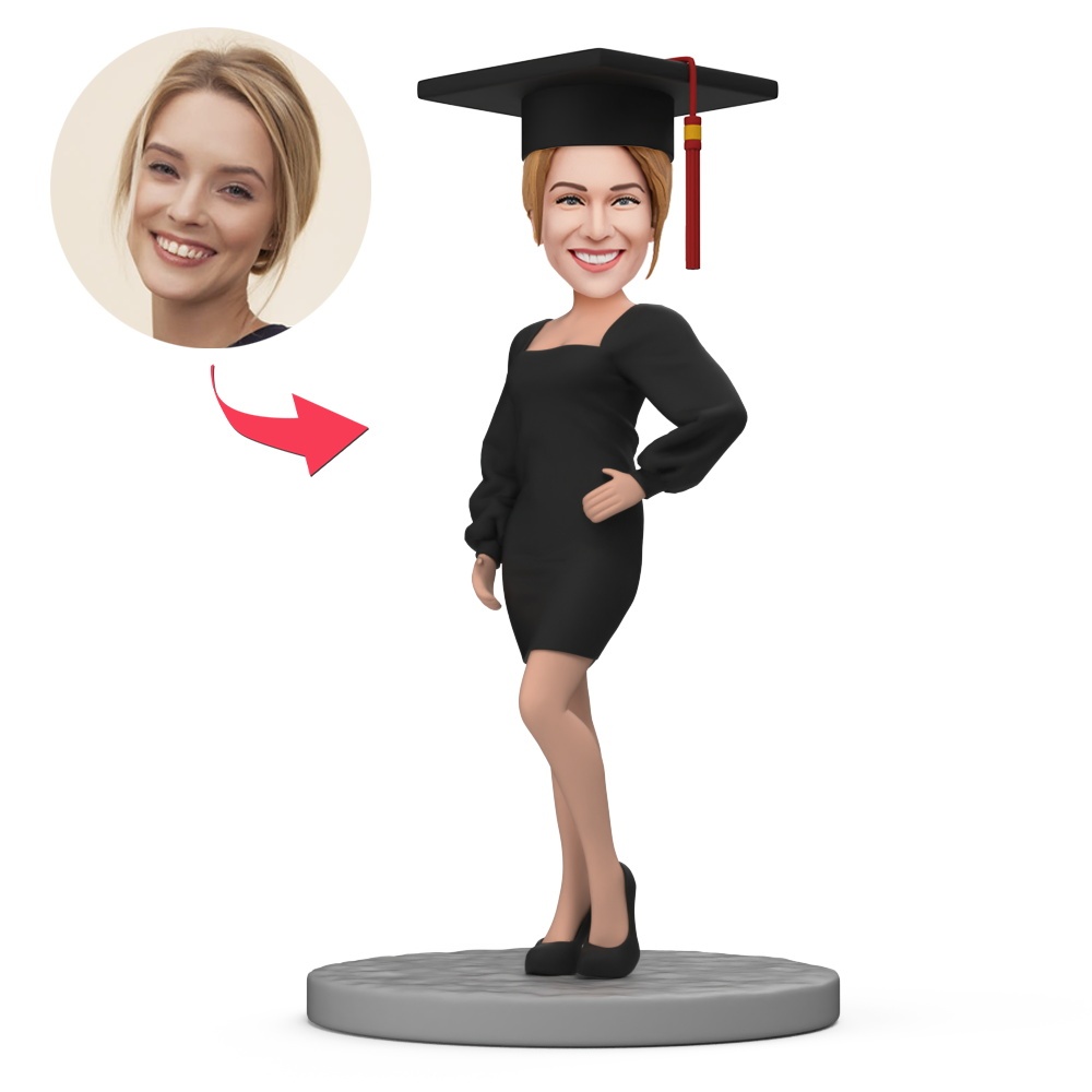 Graduation Gift for Her Black Dress and Black Graduation Cap Custom Bobblehead with Engraved Text - MyFaceBobbleheads
