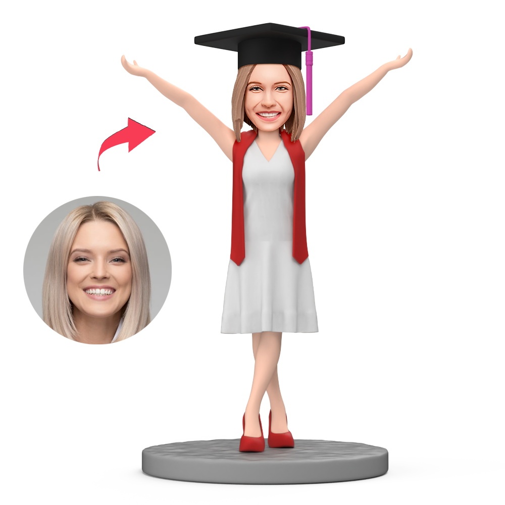 Graduation Gift White Graduation Dress and Red Sash Custom Bobblehead with Engraved Text - MyFaceBobbleheads