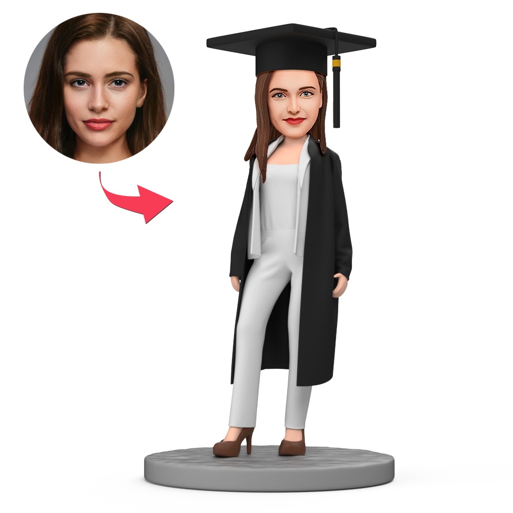 White Graduation Outfit and Gown Custom Bobblehead with Engraved Text - MyFaceBobbleheads