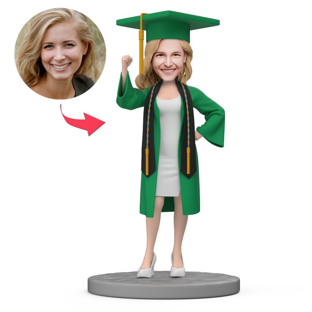 White Graduation Dress and Green Gown Custom Bobblehead with Engraved Text - MyFaceBobbleheads