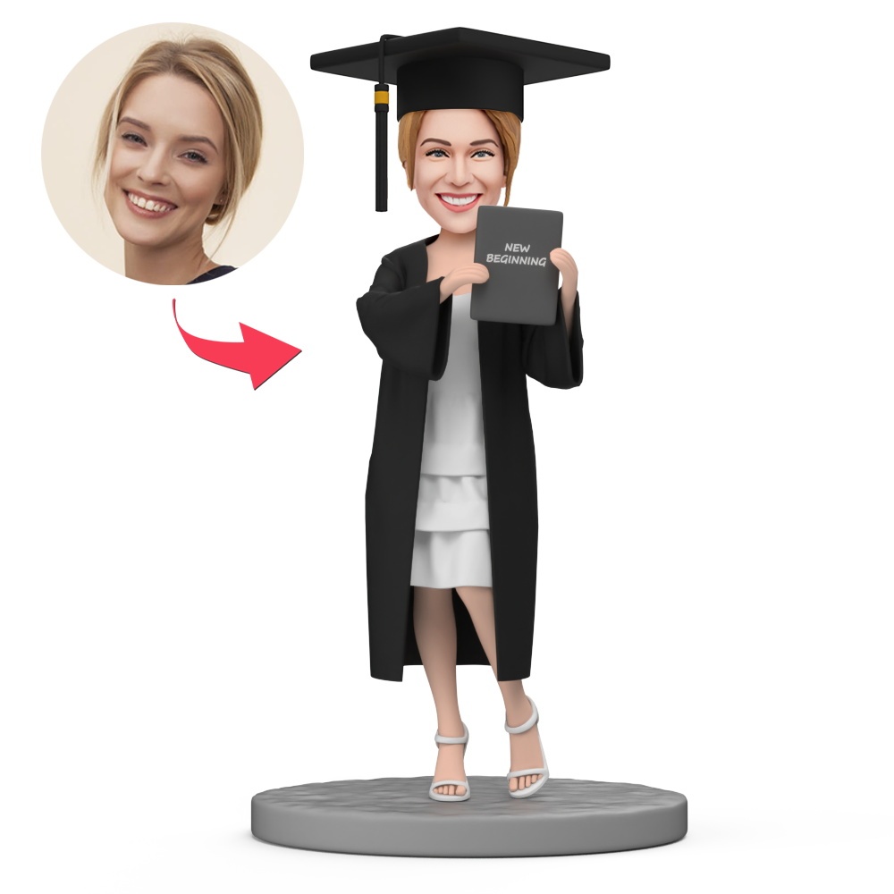 New Beginning Graduation Gift for Her White Dress Custom Bobblehead with Engraved Text - MyFaceBobbleheads