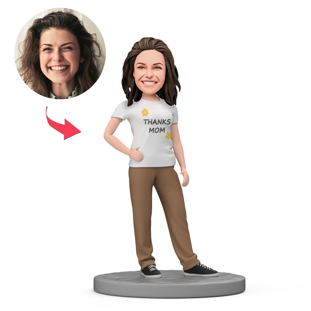 Thanks Mom Wear White T-shirt Custom Bobblehead with Engraved Text - MyFaceBobbleheads