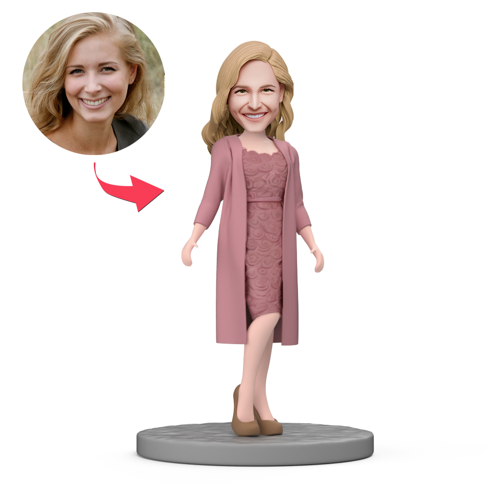 Mom Wear Modern Pink Dress Custom Bobblehead with Engraved Text - MyFaceBobbleheads