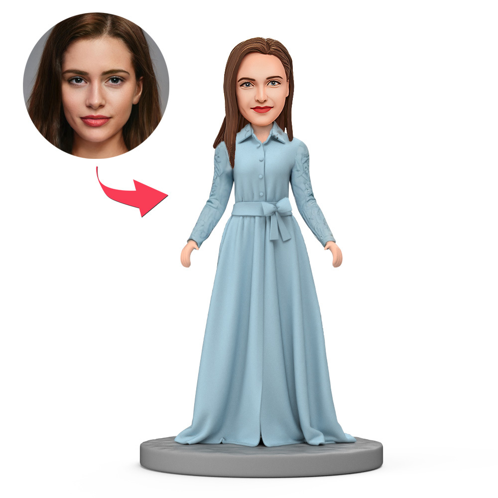Mom Wear Fashion Blue Dress Custom Bobblehead with Engraved Text - MyFaceBobbleheads