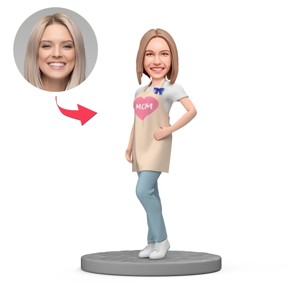Mom Wear Beige Apron Custom Bobblehead with Engraved Text - MyFaceBobbleheads