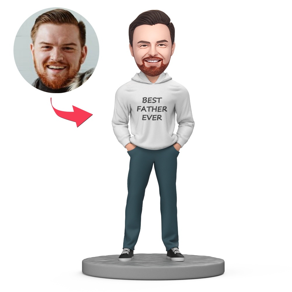 Best Father Ever Wear White Hoodie Custom Bobblehead with Engraved Text - MyFaceBobbleheads