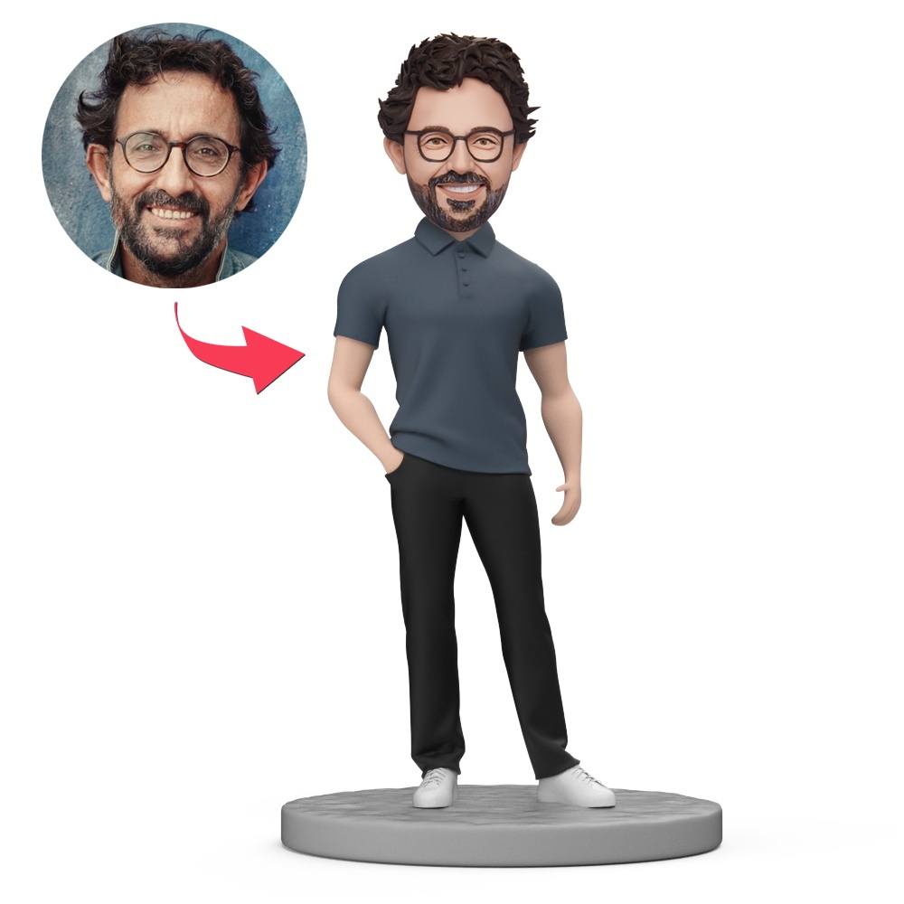 Casual Dad in Sportswear Custom Bobblehead with Engraved Text - MyFaceBobbleheads