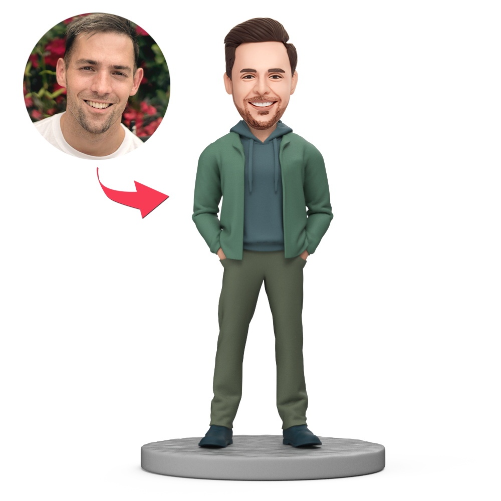 Retired Dad Wear Green Vest Custom Bobblehead with Engraved Text - MyFaceBobbleheads