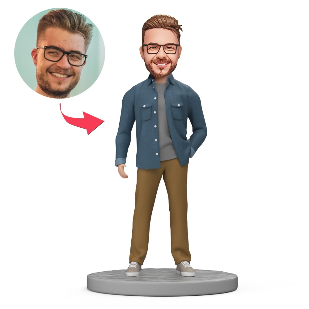 Father Wear Casual Pants and Gray Clothes Bobblehead with Engraved Text - MyFaceBobbleheads